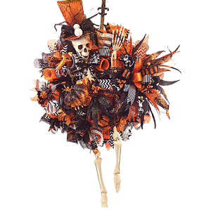 halloween wreath with skeleton and orange top hat