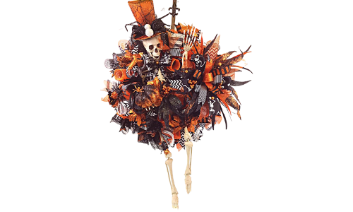 halloween wreath with skeleton and orange top hat