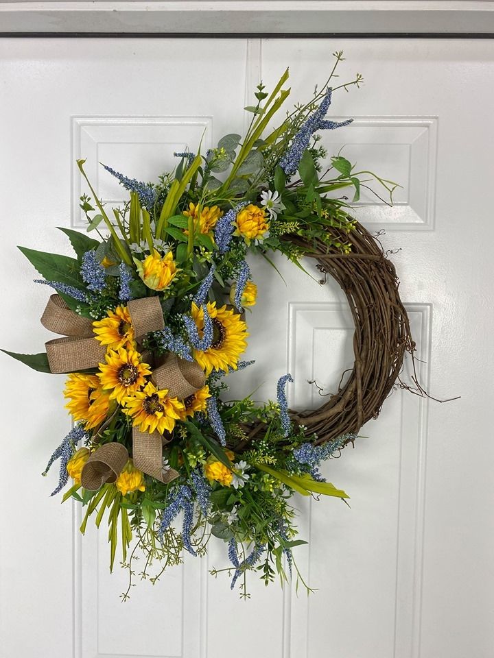 grapevine wreath sunflowers greenery and  burlap ribbon