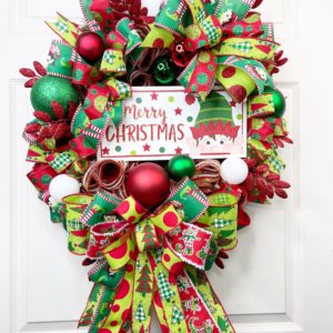 Red and Green wreath with Merry Christmas sign