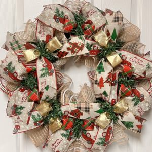 christmas wreath with burlap mesh and ribbon with trucks