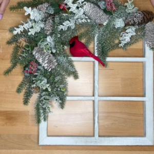 faux window pane with wintery decor