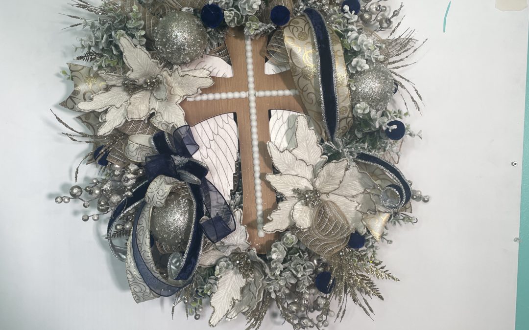 Navy, Cream and Gold Evergreen Religious Wreath – Tammy REPLAY