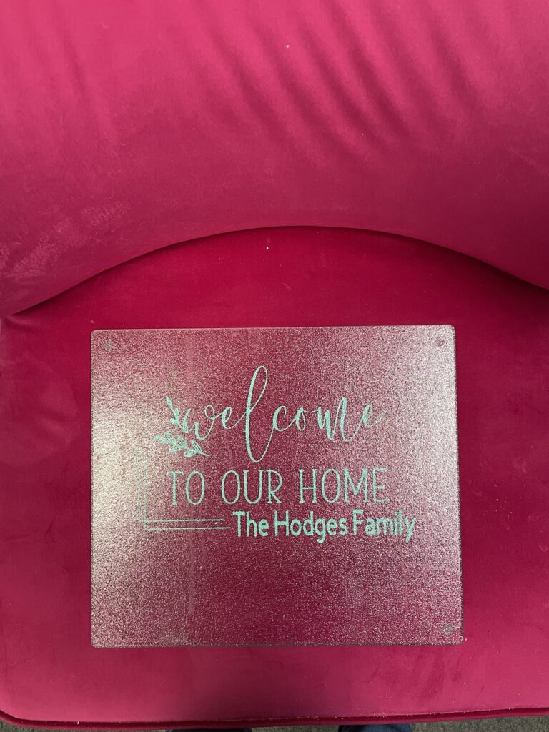 customized cutting board with vinyl words welcome to our home The Hodges Family