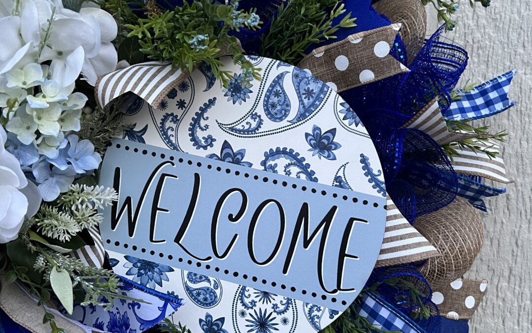 Blue and White Floral Bouquet Deco Mesh Wreath – Coach Jordan – REPLAY