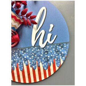 Lower half of the summer door hanger showing the word “hi” in bold white script over a background of stars and dripping red-and-white stripes.